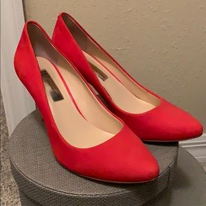 INC red orange almond toe heels